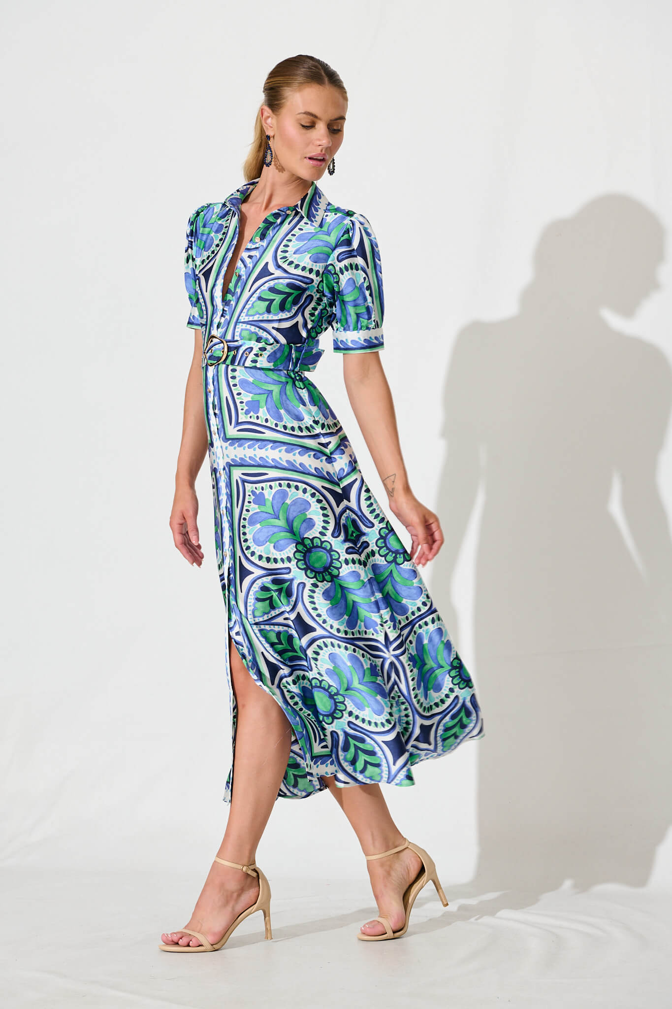 Halswell Maxi Shirt Dress In Blue And Green Tile Print