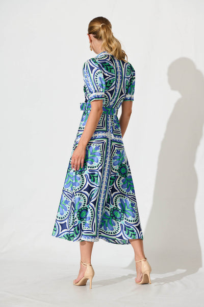 Halswell Maxi Shirt Dress In Blue And Green Tile Print
