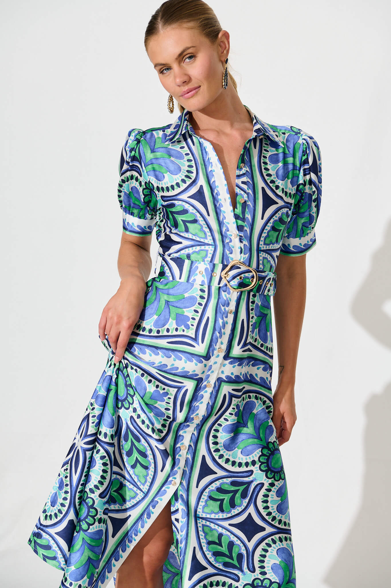 Halswell Maxi Shirt Dress In Blue And Green Tile Print