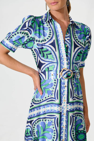 Halswell Maxi Shirt Dress In Blue And Green Tile Print