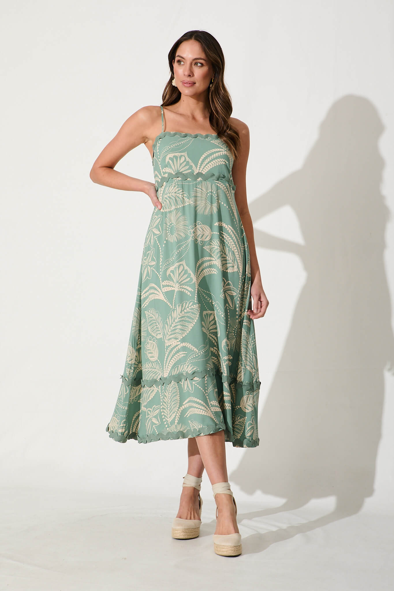 Treviso Maxi Sundress In Green And Cream With Ric Rac Trim