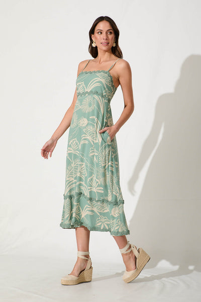 Treviso Maxi Sundress In Green And Cream With Ric Rac Trim