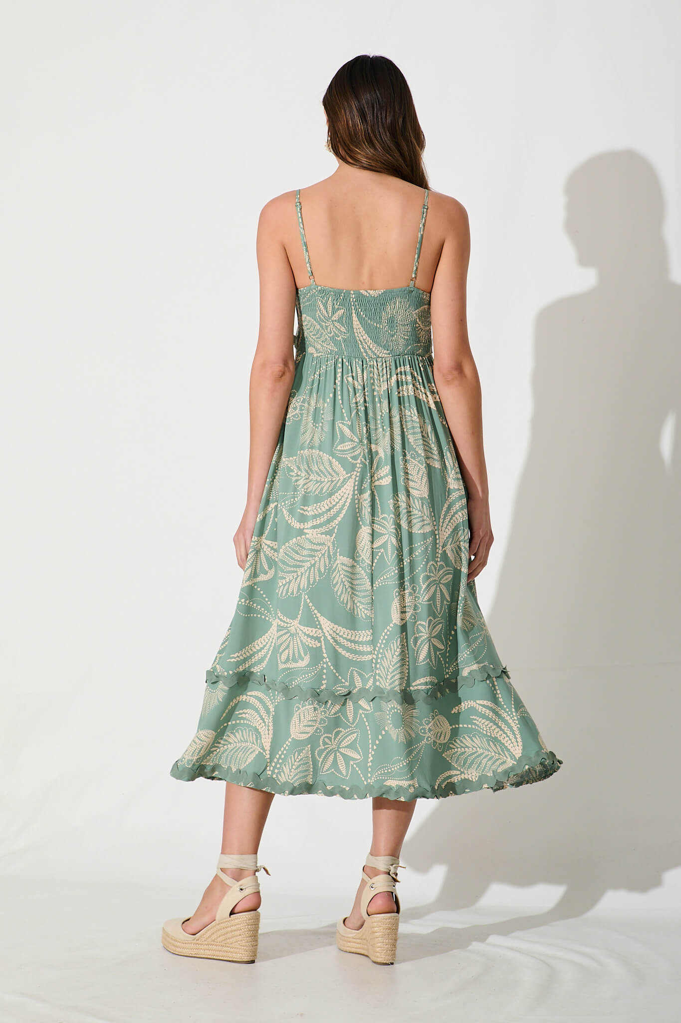 Treviso Maxi Sundress In Green And Cream With Ric Rac Trim