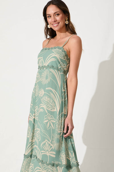 Treviso Maxi Sundress In Green And Cream With Ric Rac Trim