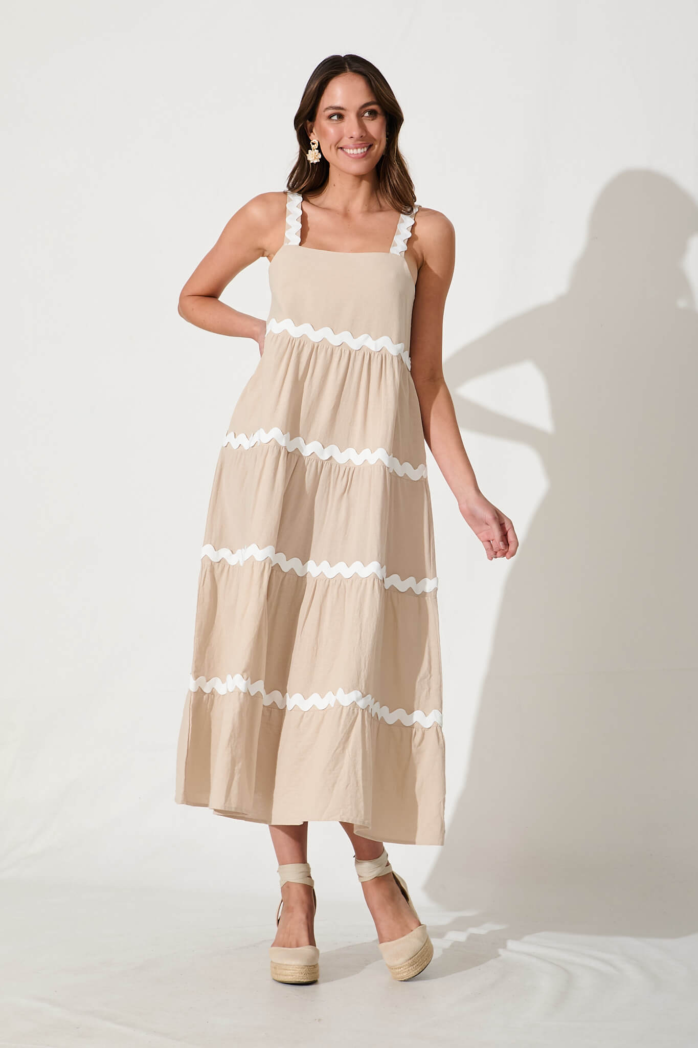 Hara Maxi Sundress In Beige With White Ric Rac Trim Cotton