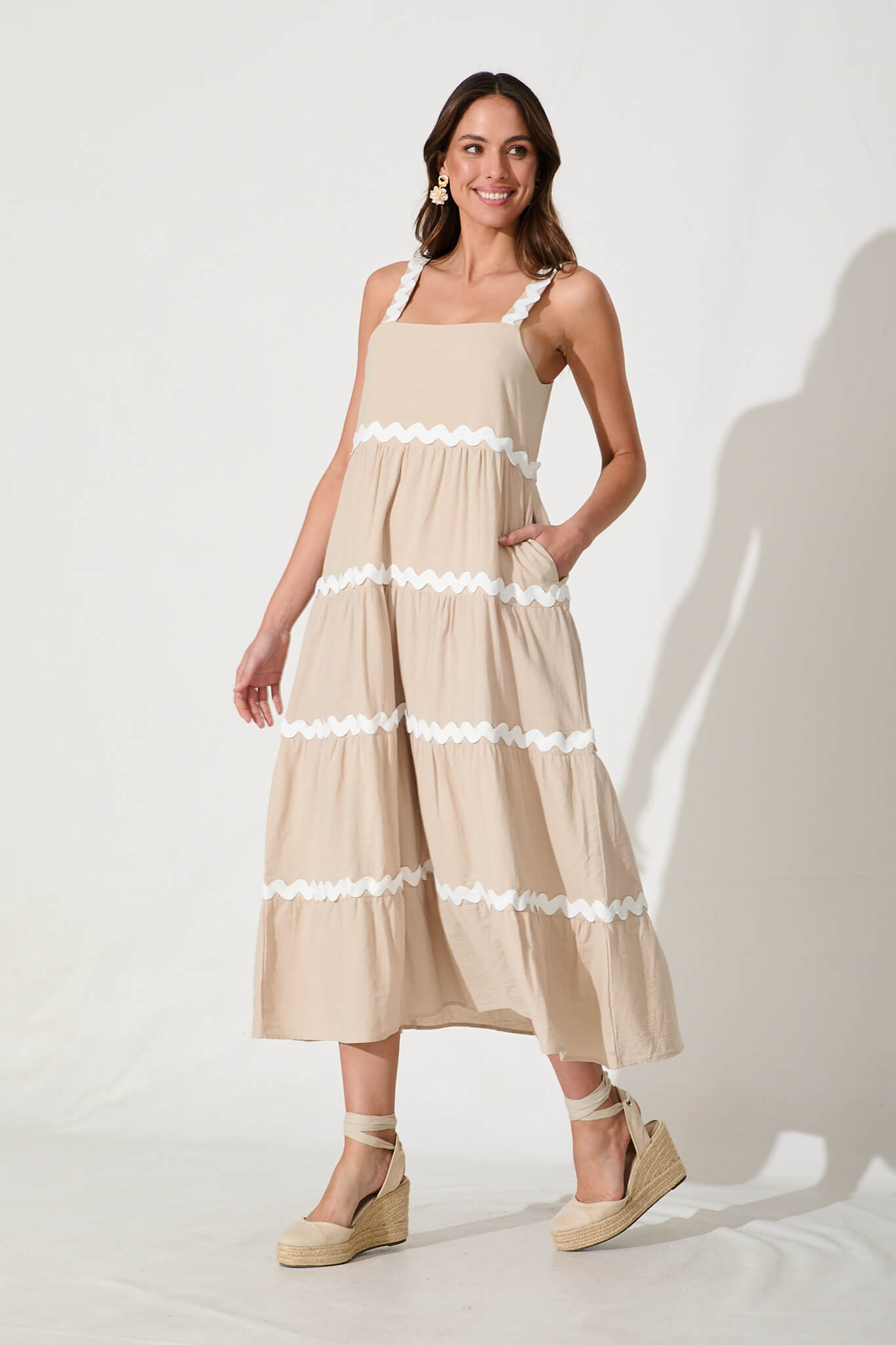 Hara Maxi Sundress In Beige With White Ric Rac Trim Cotton