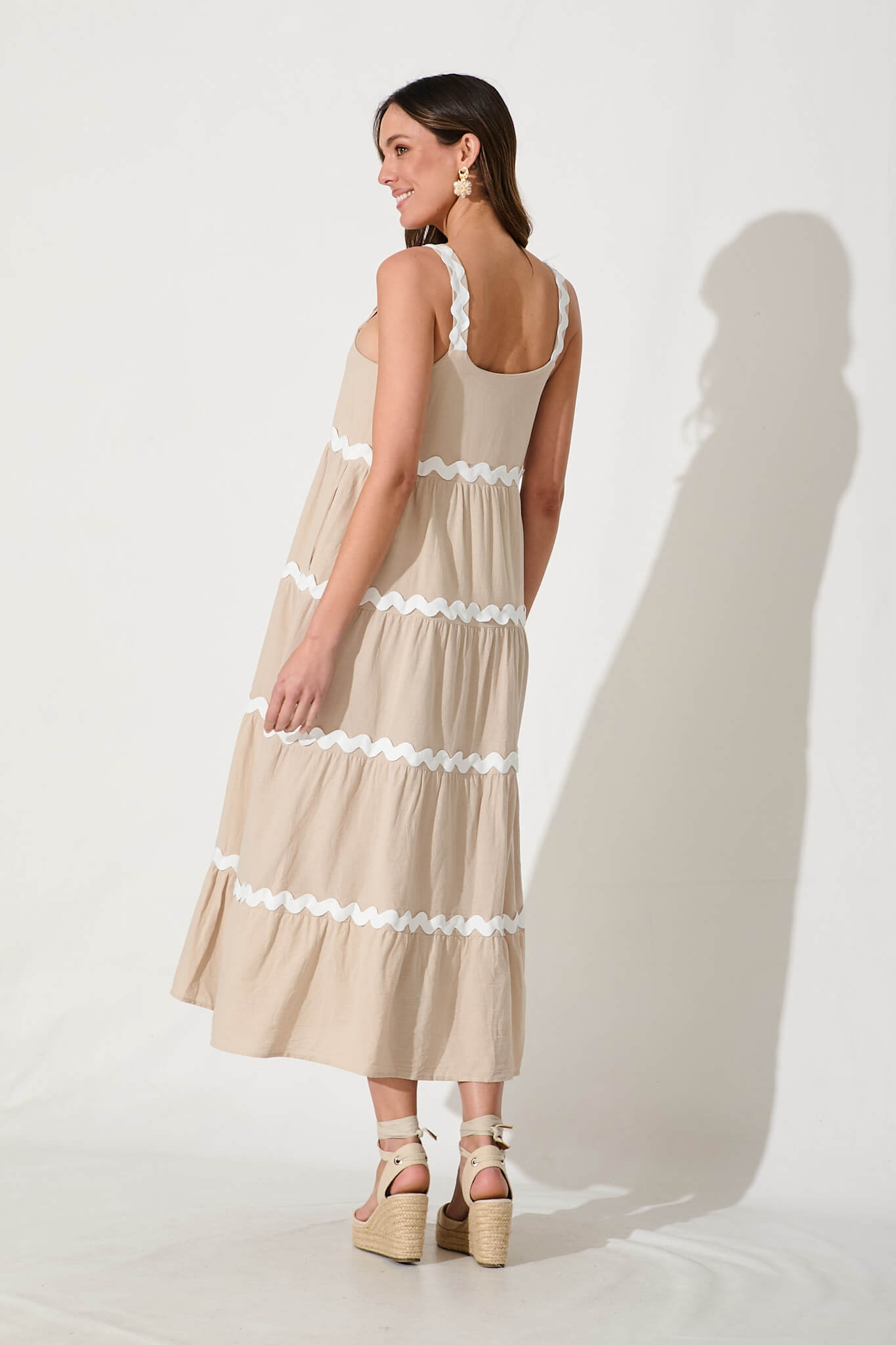 Hara Maxi Sundress In Beige With White Ric Rac Trim Cotton