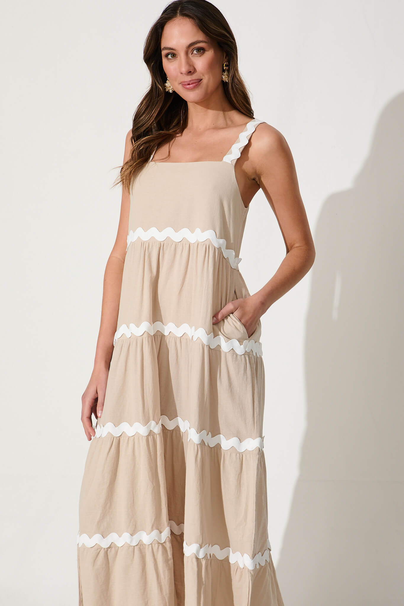 Hara Maxi Sundress In Beige With White Ric Rac Trim Cotton