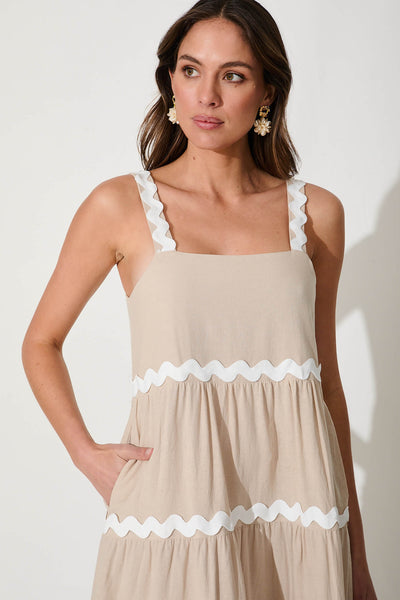 Hara Maxi Sundress In Beige With White Ric Rac Trim Cotton