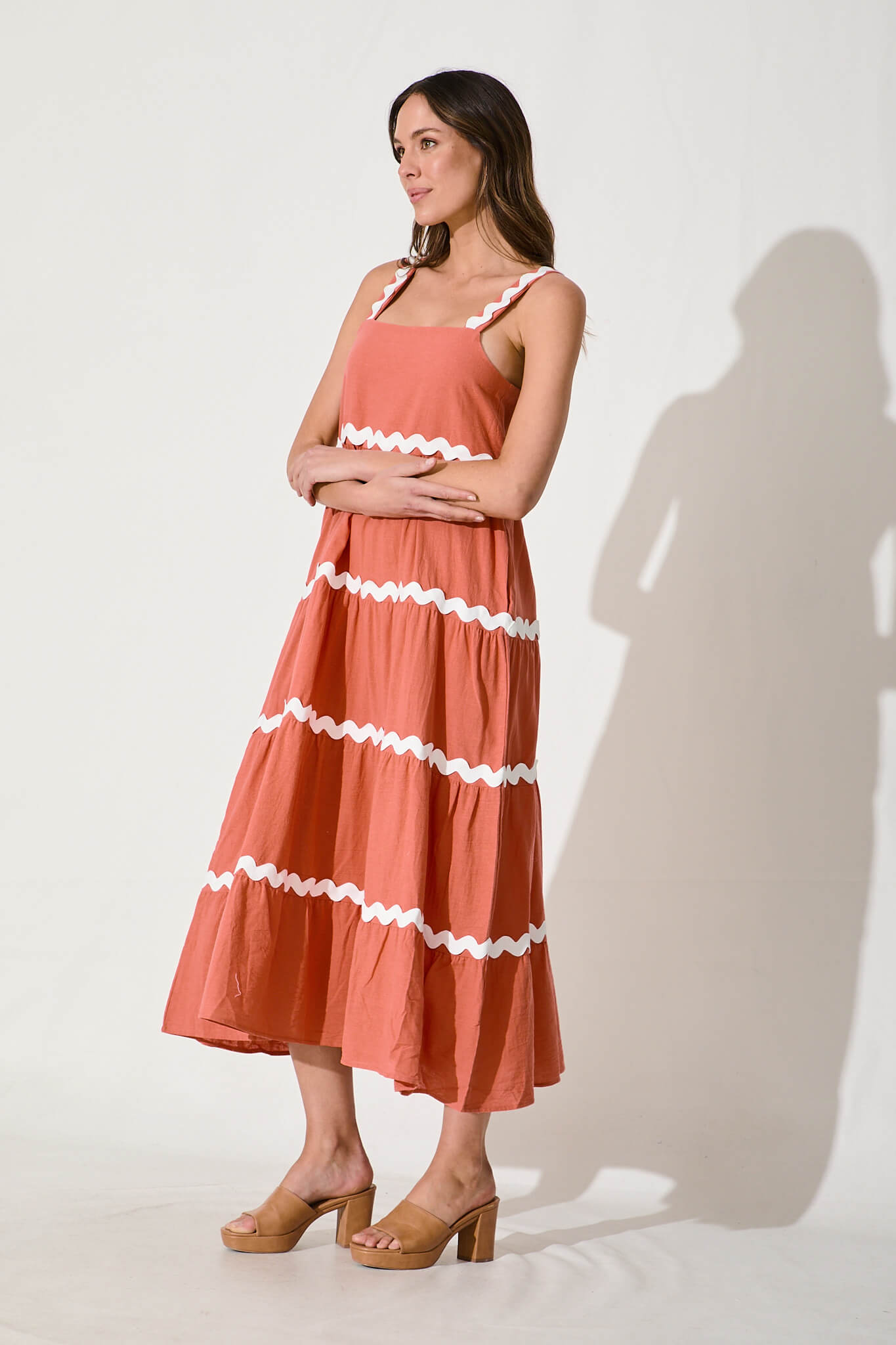 Hara Maxi Sundress In Rust With White Ric Rac Trim Cotton