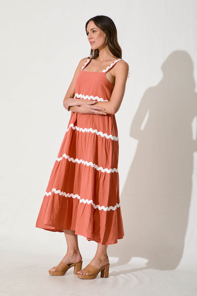 Hara Maxi Sundress In Rust With White Ric Rac Trim Cotton