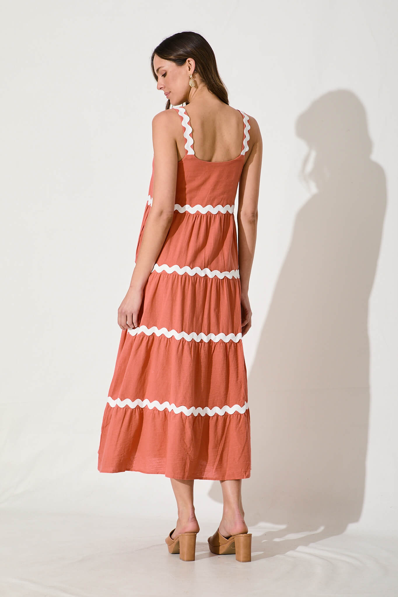 Hara Maxi Sundress In Rust With White Ric Rac Trim Cotton