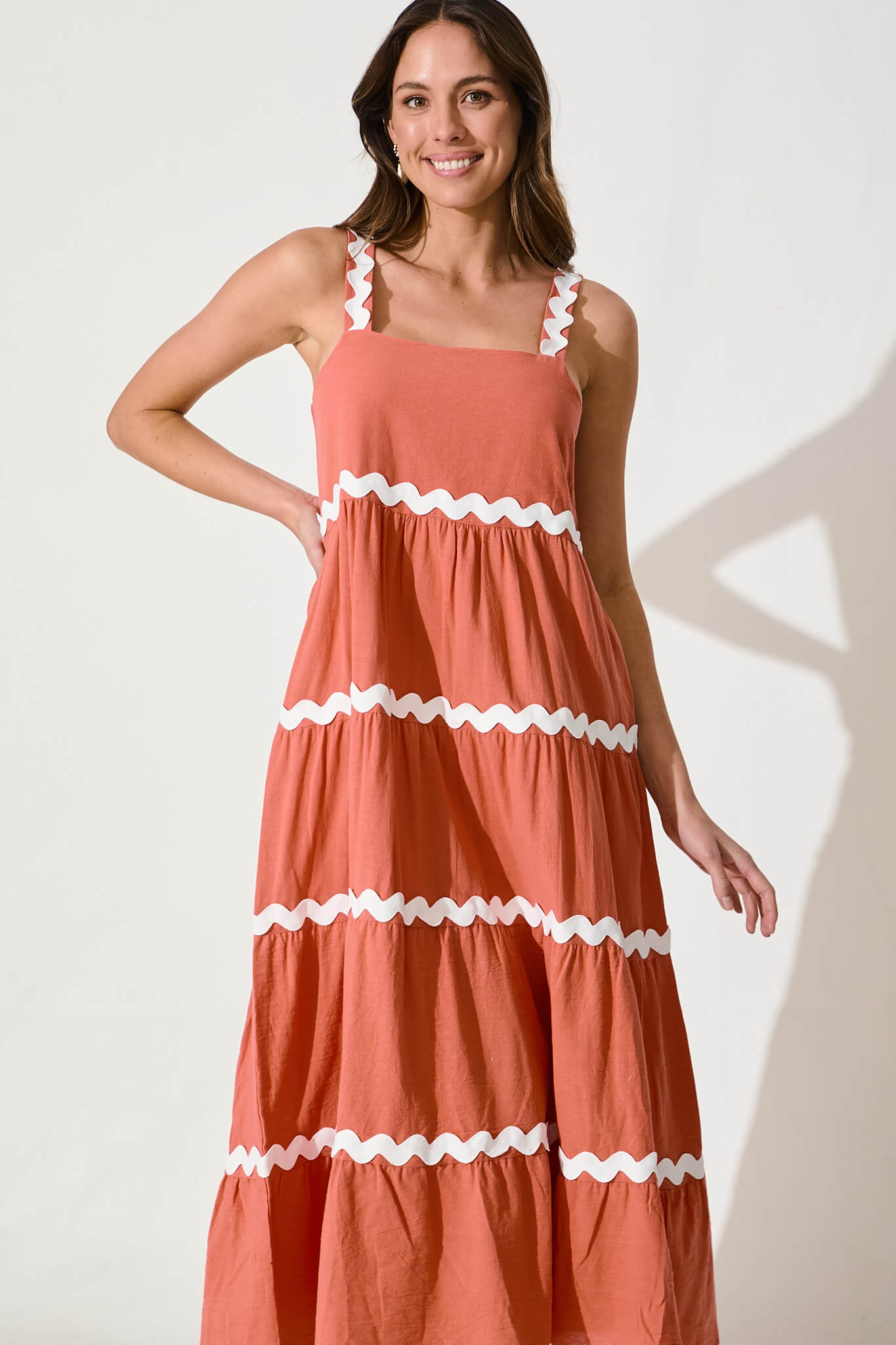 Hara Maxi Sundress In Rust With White Ric Rac Trim Cotton