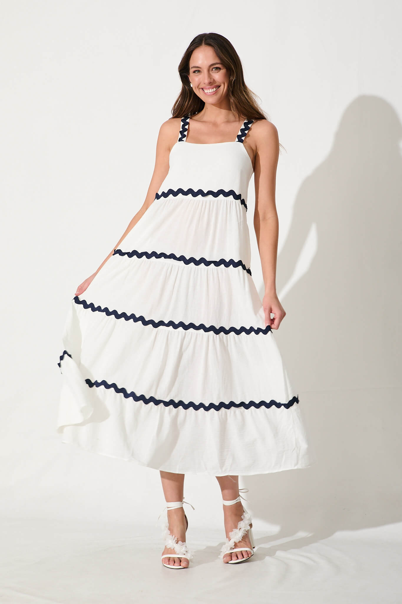 Hara Maxi Sundress In White With Navy Ric Rac Trim Cotton