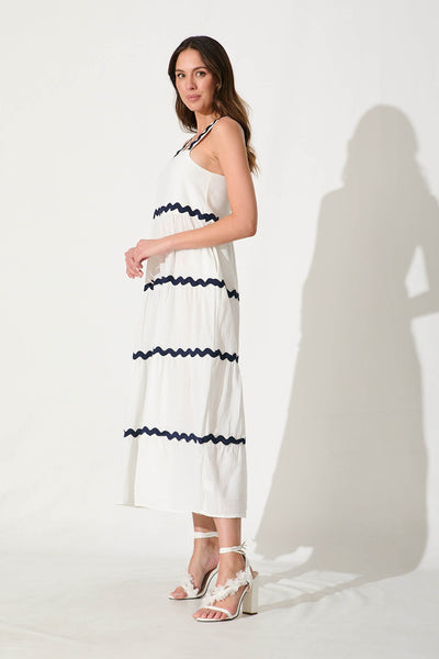 Hara Maxi Sundress In White With Navy Ric Rac Trim Cotton