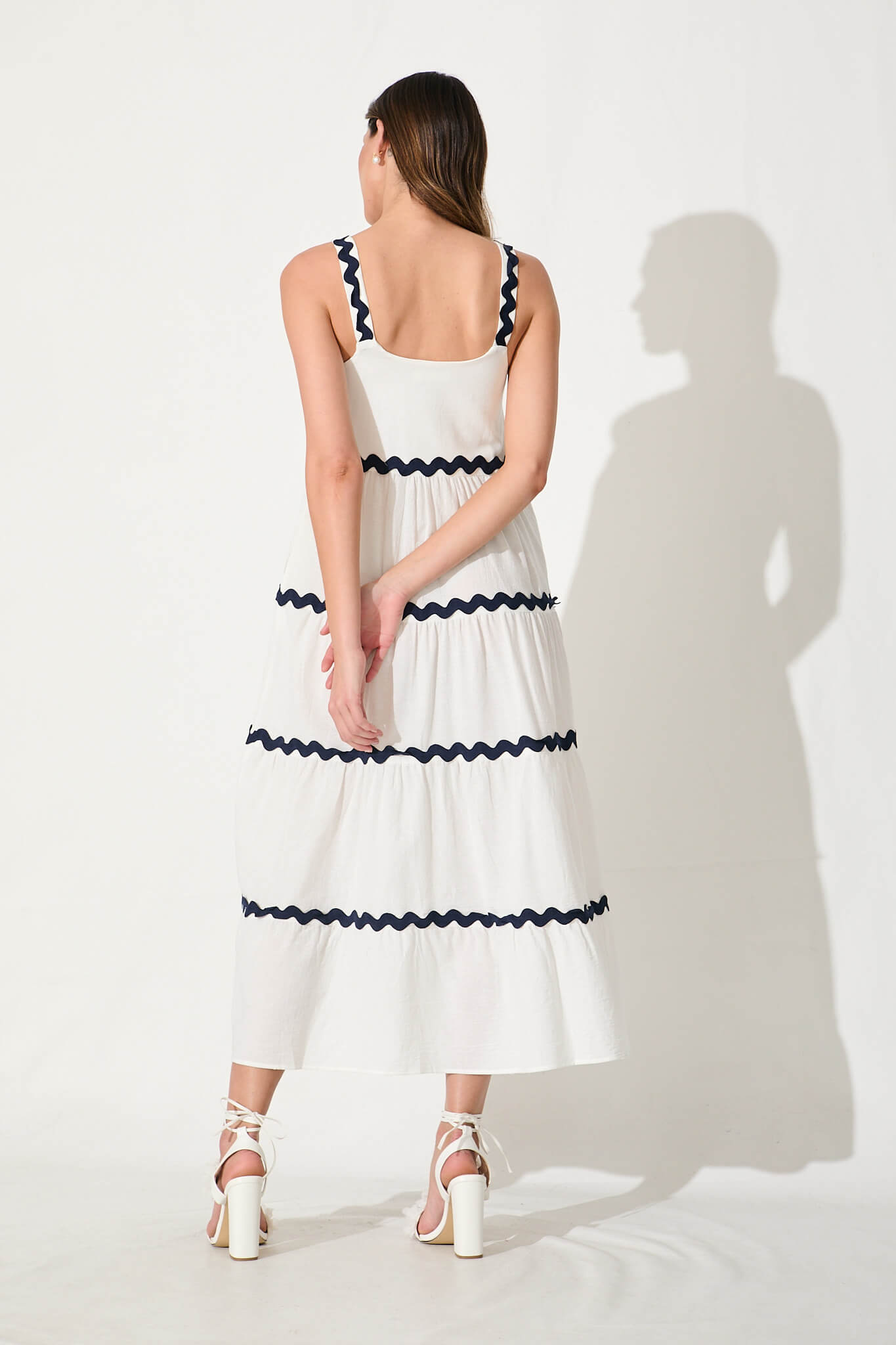 Hara Maxi Sundress In White With Navy Ric Rac Trim Cotton