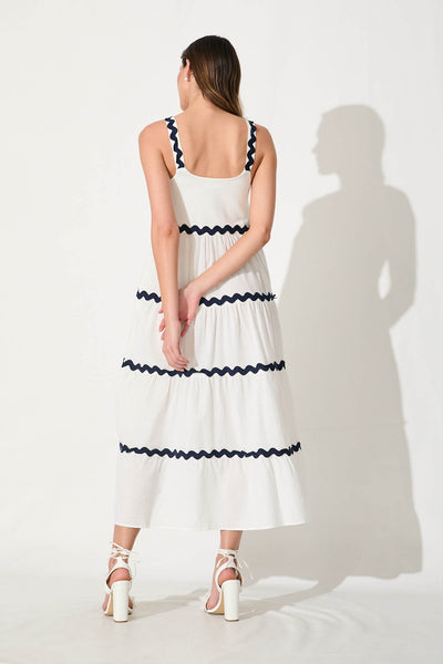 Hara Maxi Sundress In White With Navy Ric Rac Trim Cotton