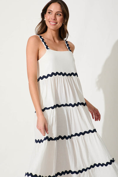 Hara Maxi Sundress In White With Navy Ric Rac Trim Cotton