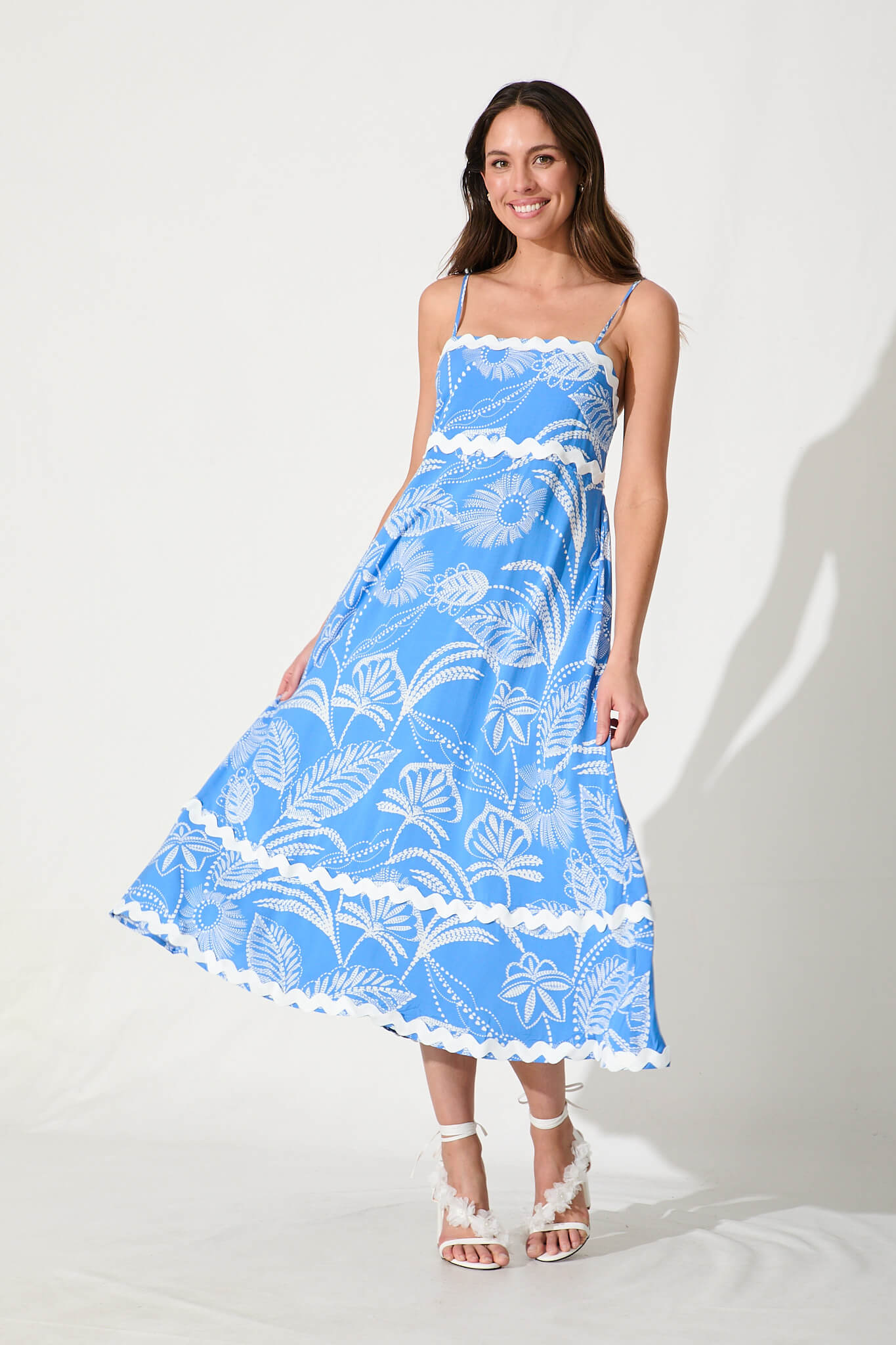 Treviso Maxi Sundress In Blue And White With Ric Rac Trim