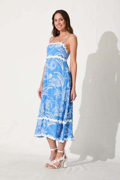 Treviso Maxi Sundress In Blue And White With Ric Rac Trim