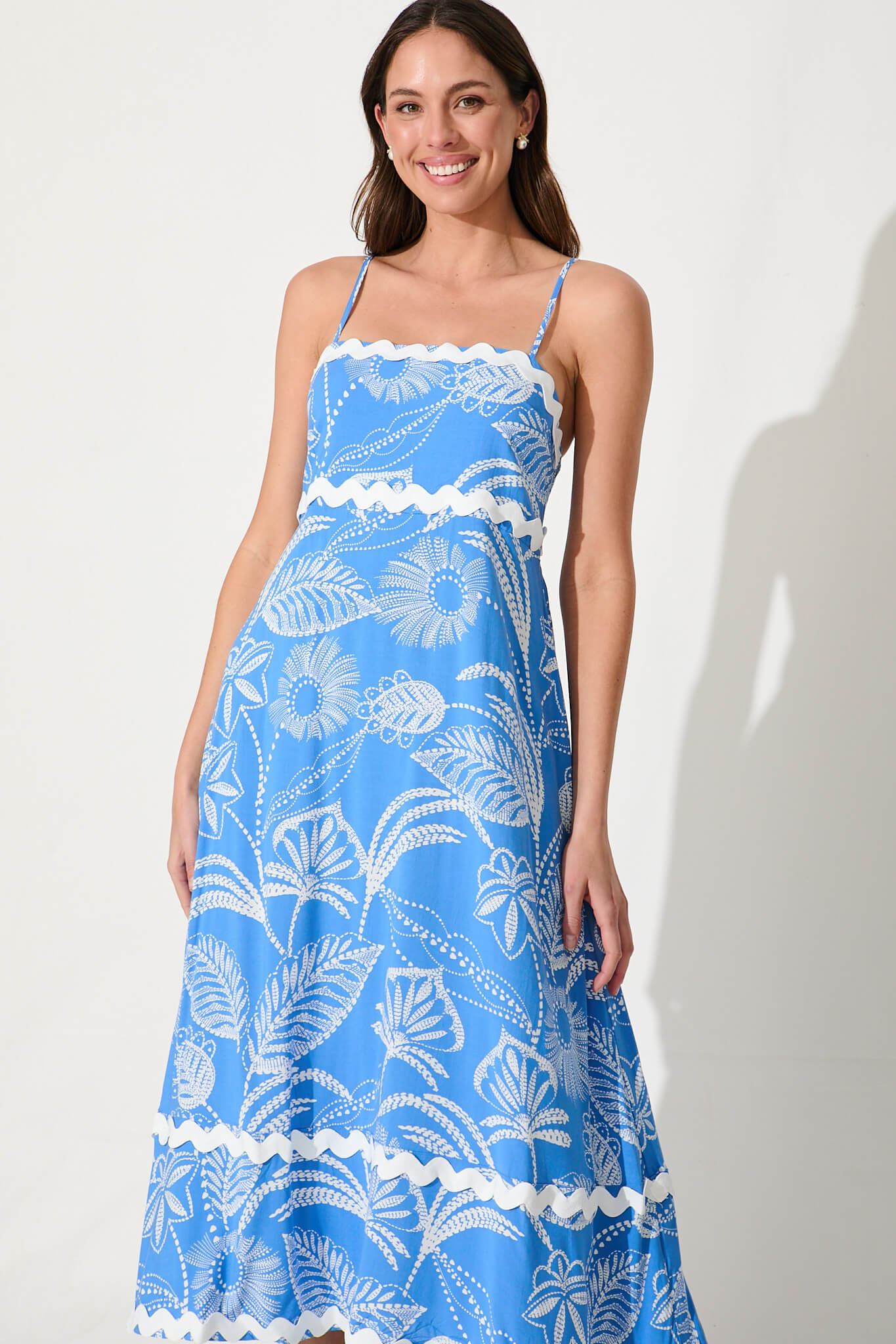 Treviso Maxi Sundress In Blue And White With Ric Rac Trim