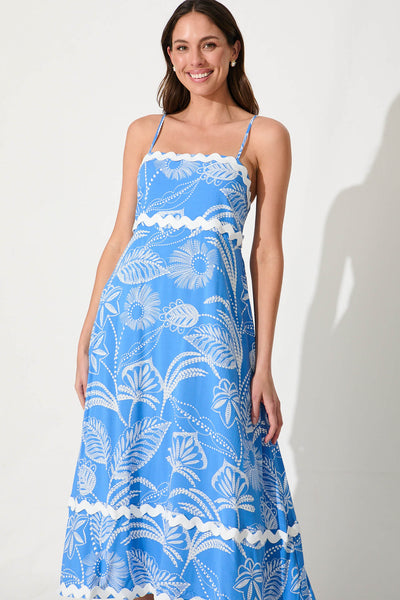 Treviso Maxi Sundress In Blue And White With Ric Rac Trim