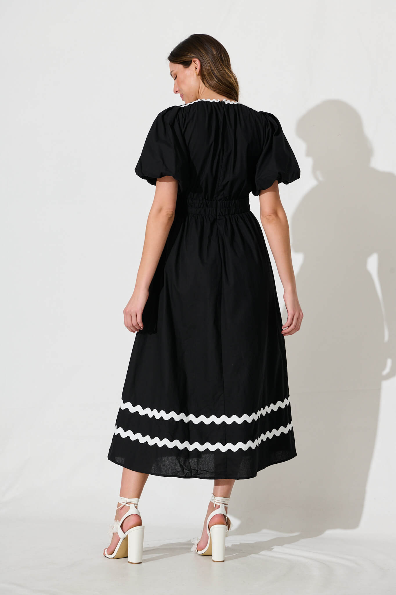 Indi Maxi Dress In Black With White Ric Rac Trim Cotton