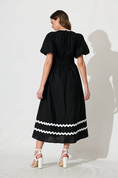 Indi Maxi Dress In Black With White Ric Rac Trim Cotton