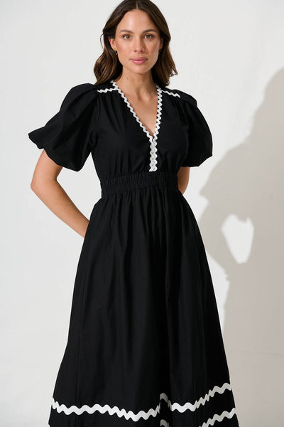 Indi Maxi Dress In Black With White Ric Rac Trim Cotton
