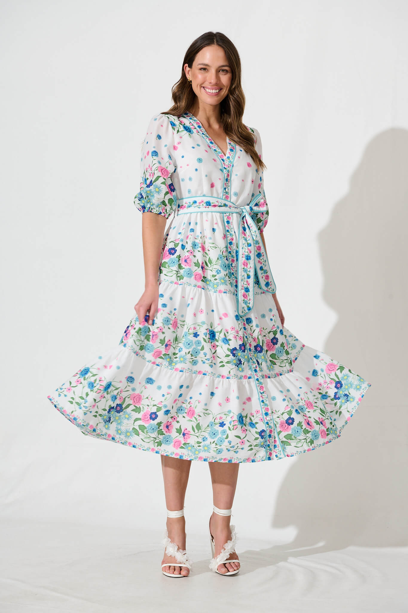 Pambula Maxi Dress In White With Pink And Blue Floral