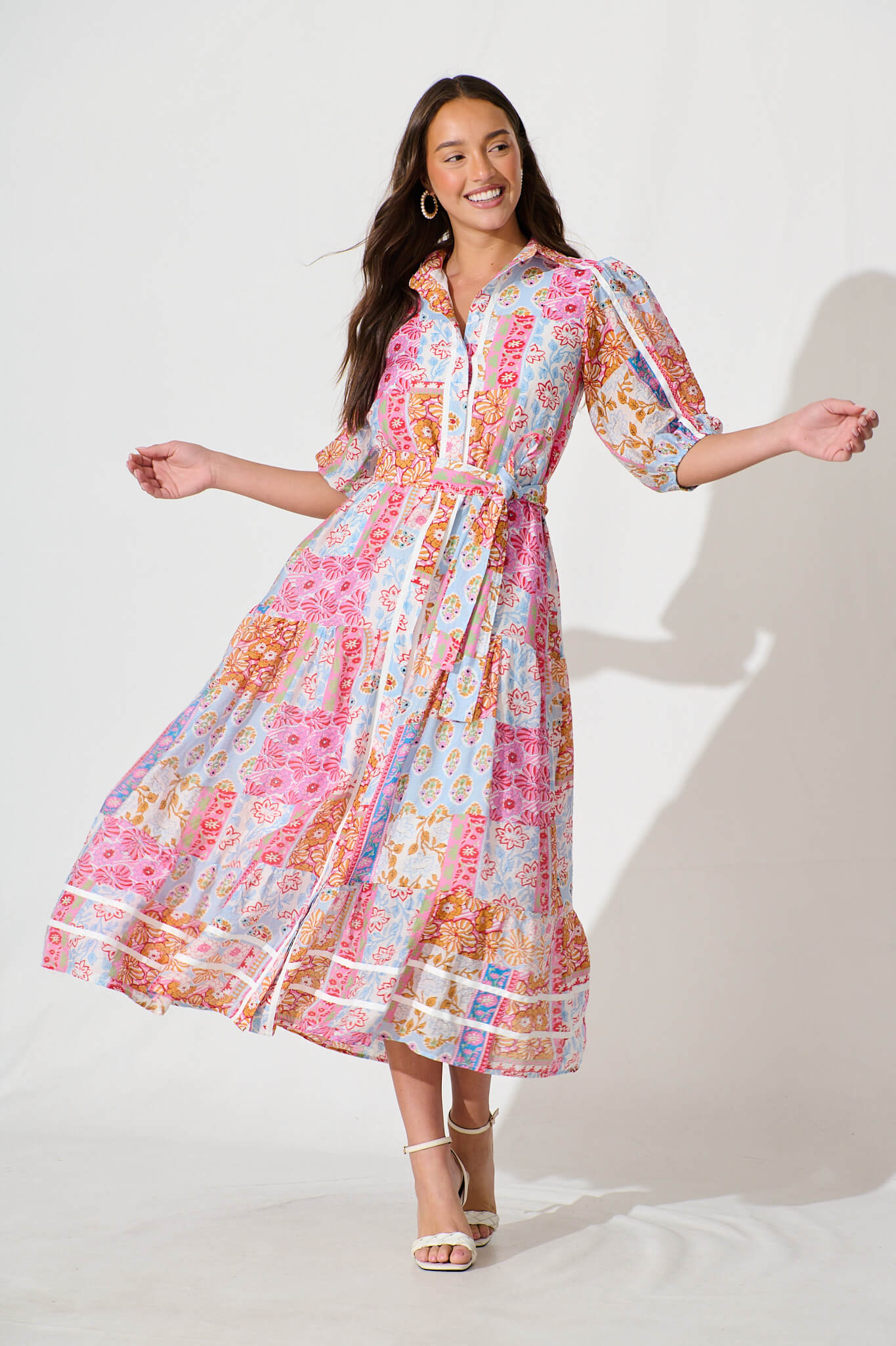 Dion Maxi Shirt Dress In Multi Patchwork Print