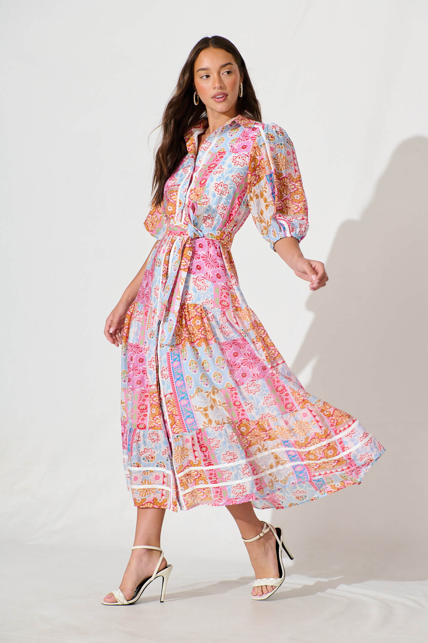 Dion Maxi Shirt Dress In Multi Patchwork Print