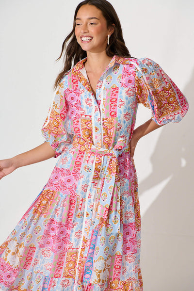 Dion Maxi Shirt Dress In Multi Patchwork Print