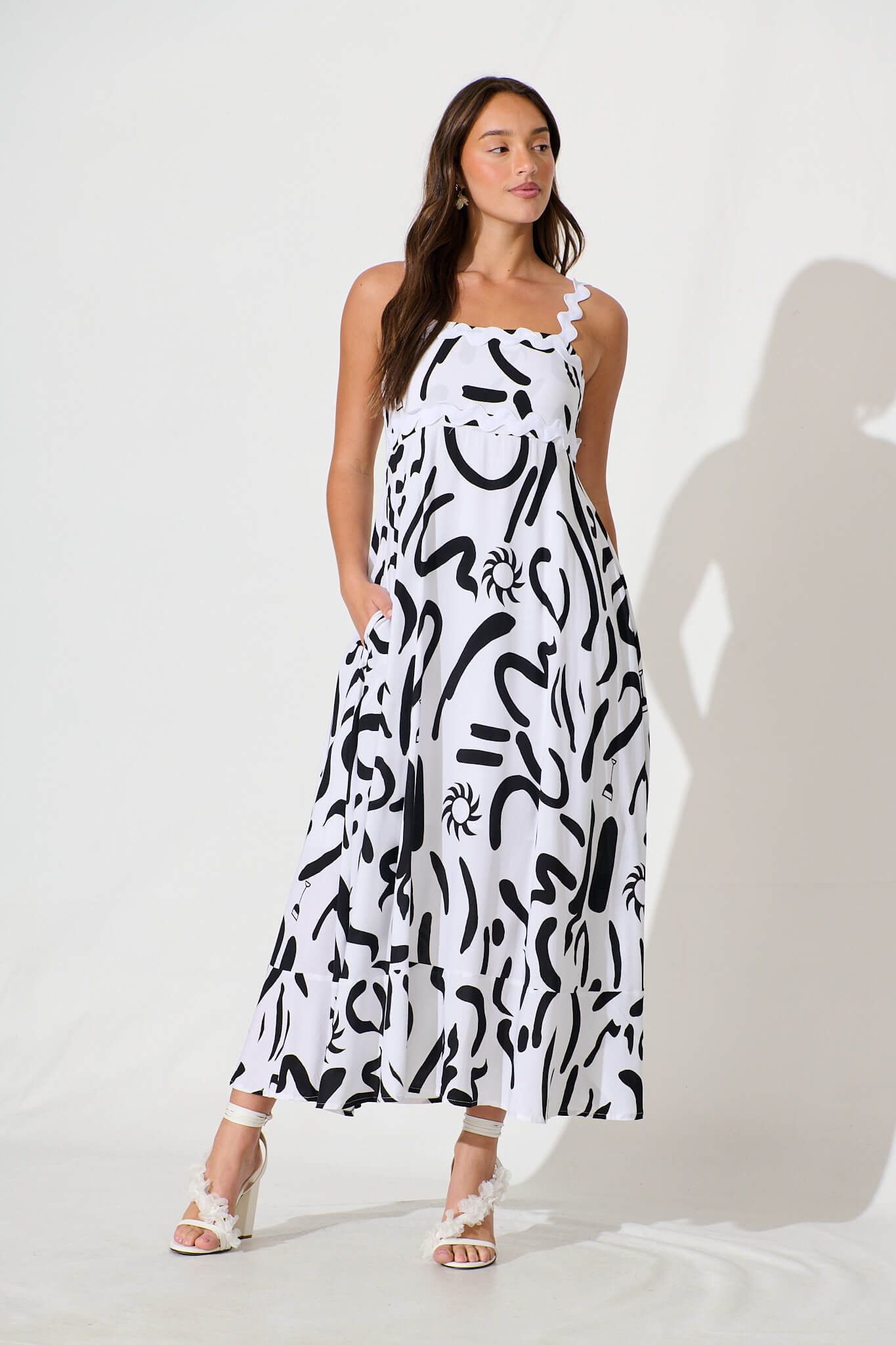 Aquila Maxi Sundress In White Print With Ric Rac Trim