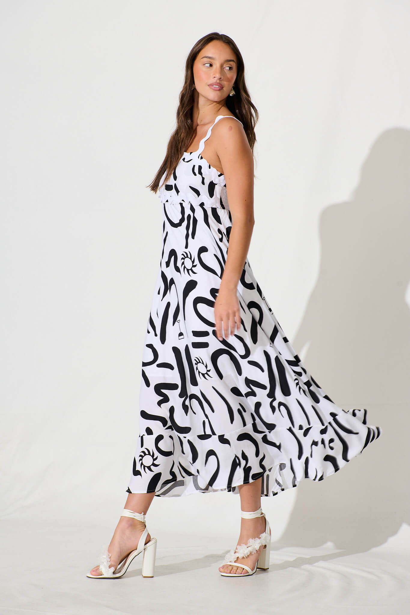 Aquila Maxi Sundress In White Print With Ric Rac Trim