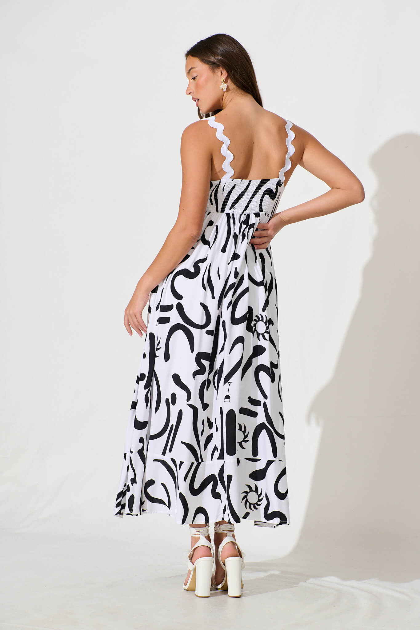 Aquila Maxi Sundress In White Print With Ric Rac Trim