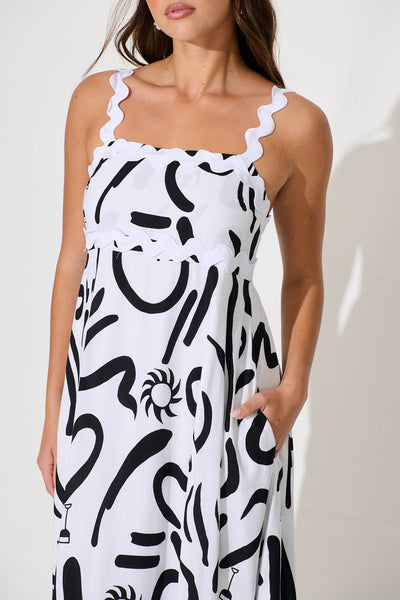 Aquila Maxi Sundress In White Print With Ric Rac Trim