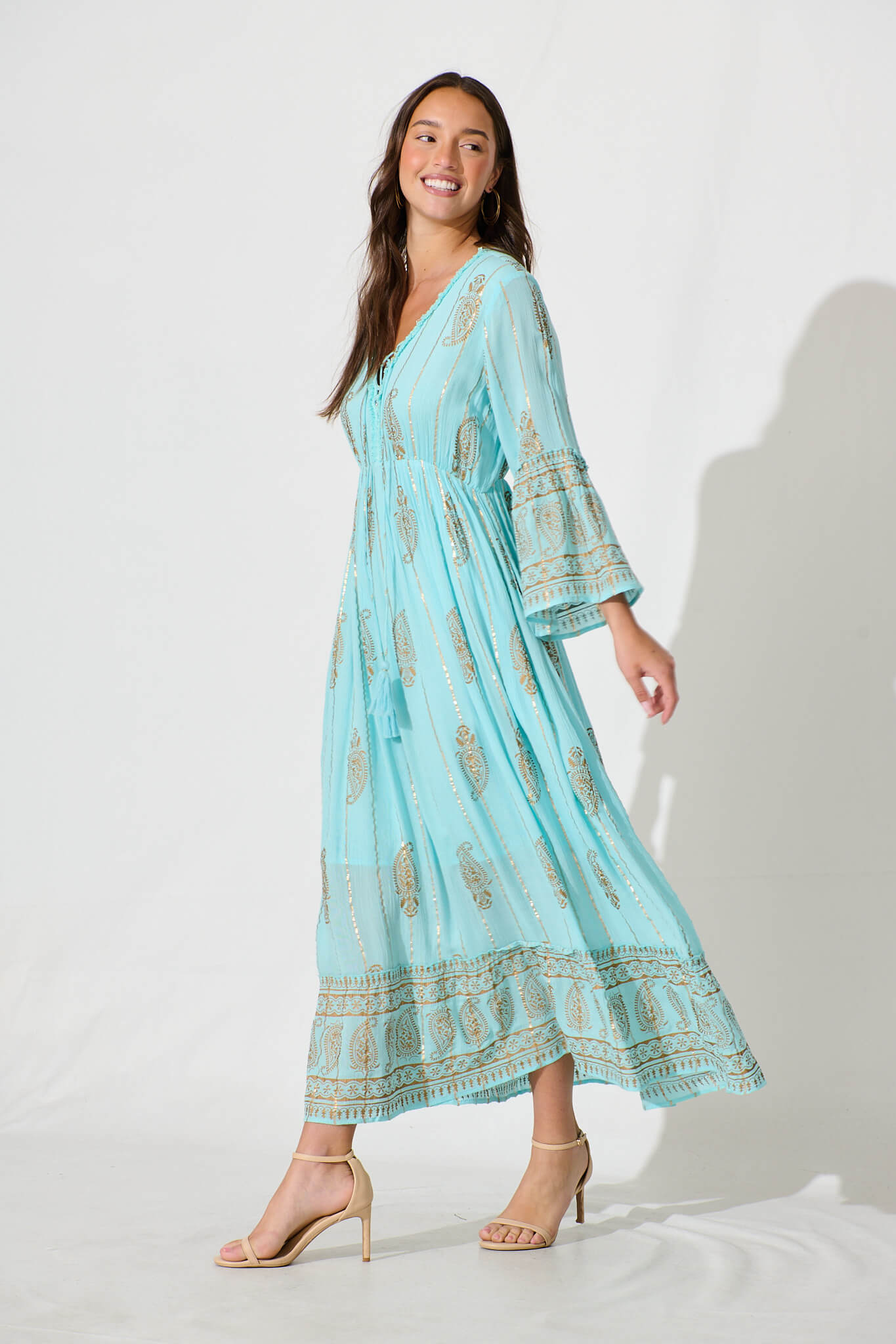 Ellie Maxi Dress in Aqua Blue with Gold Print
