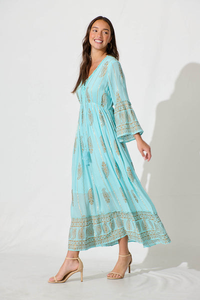 Ellie Maxi Dress in Aqua Blue with Gold Print