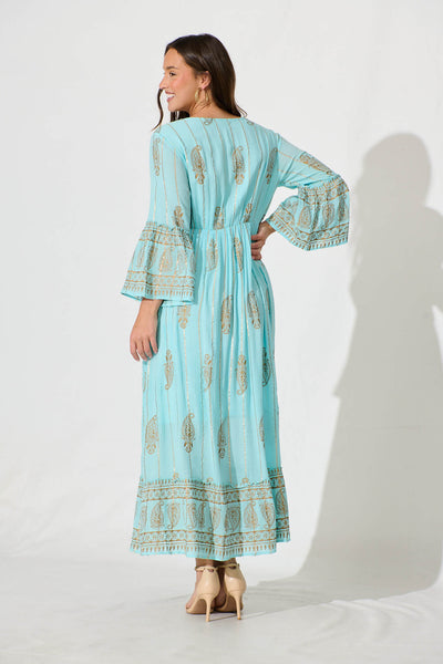 Ellie Maxi Dress in Aqua Blue with Gold Print
