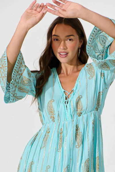 Ellie Maxi Dress in Aqua Blue with Gold Print