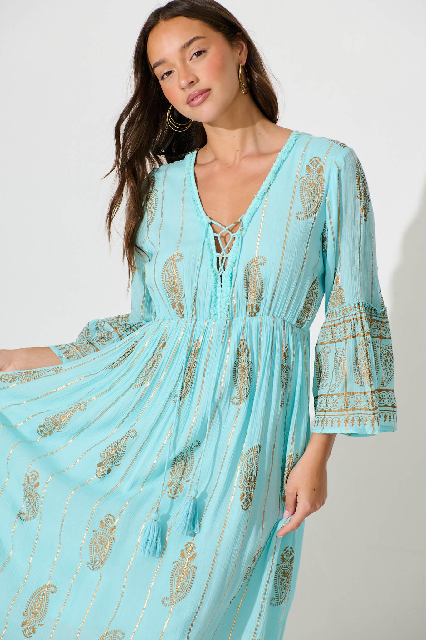 Ellie Maxi Dress in Aqua Blue with Gold Print