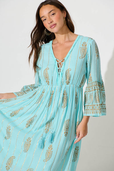 Ellie Maxi Dress in Aqua Blue with Gold Print