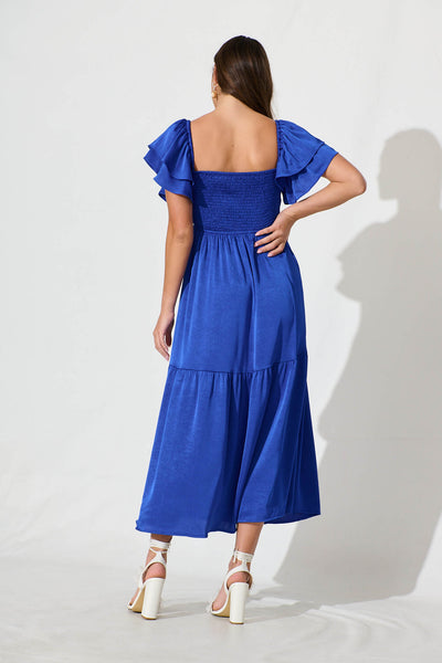 Constantine Maxi Dress In Cobalt Crinkle Satin