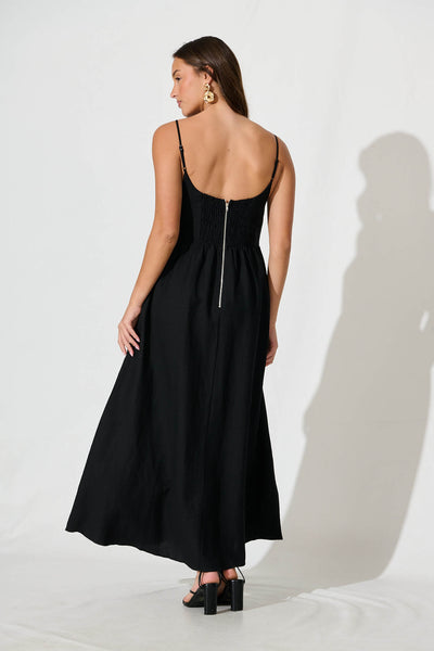 Quinley Maxi Sundress in Black Linen Blend