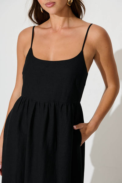 Quinley Maxi Sundress in Black Linen Blend