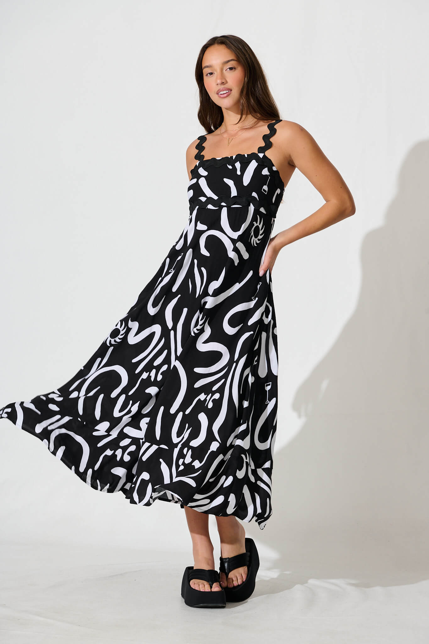 Aquila Maxi Sundress In Black Print With Black Ric Rac Trim
