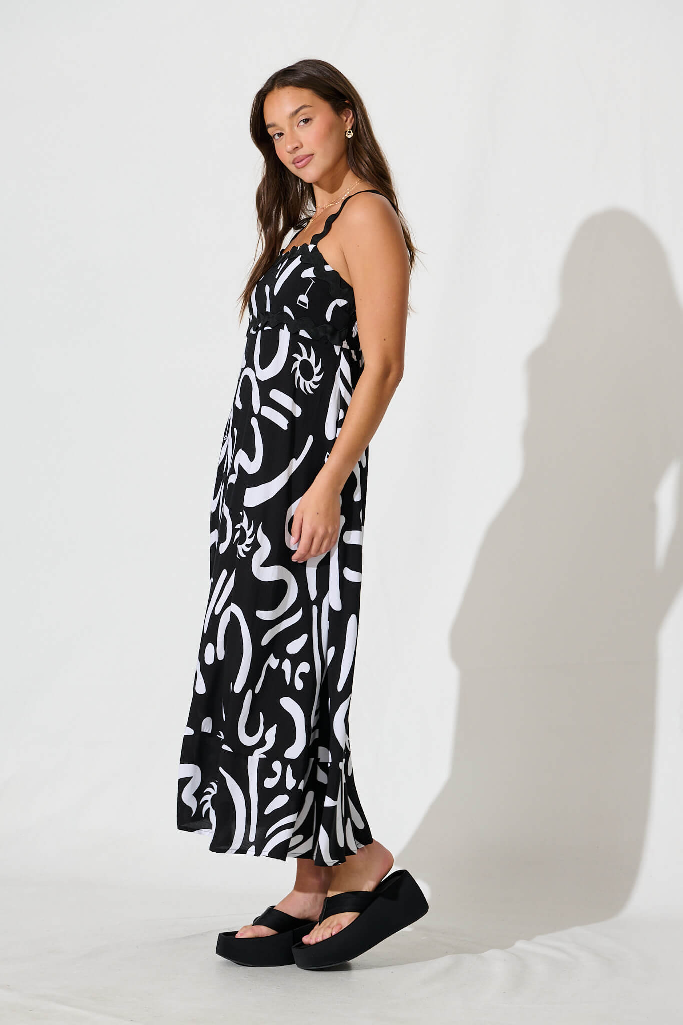Aquila Maxi Sundress In Black Print With Black Ric Rac Trim