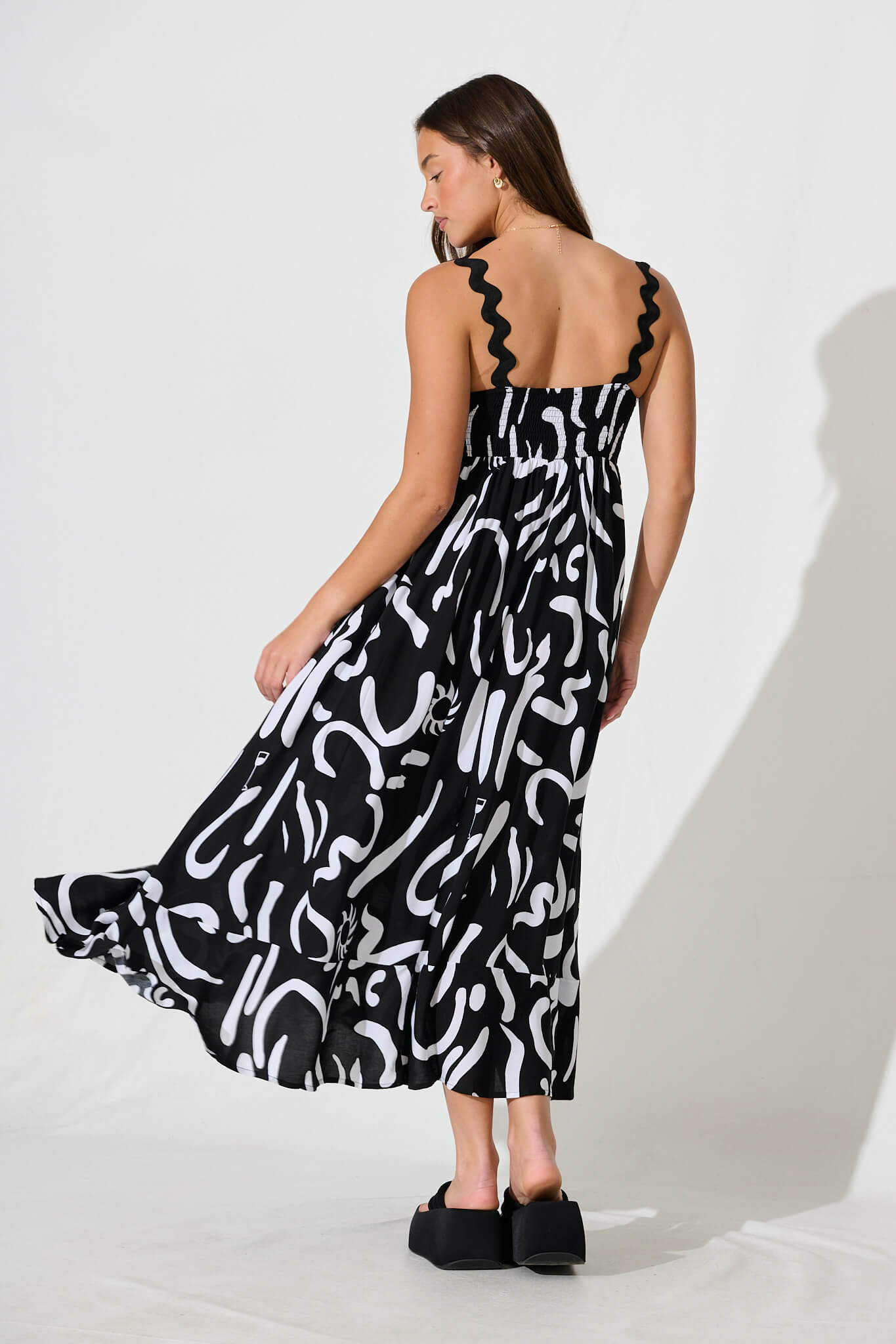 Aquila Maxi Sundress In Black Print With Black Ric Rac Trim