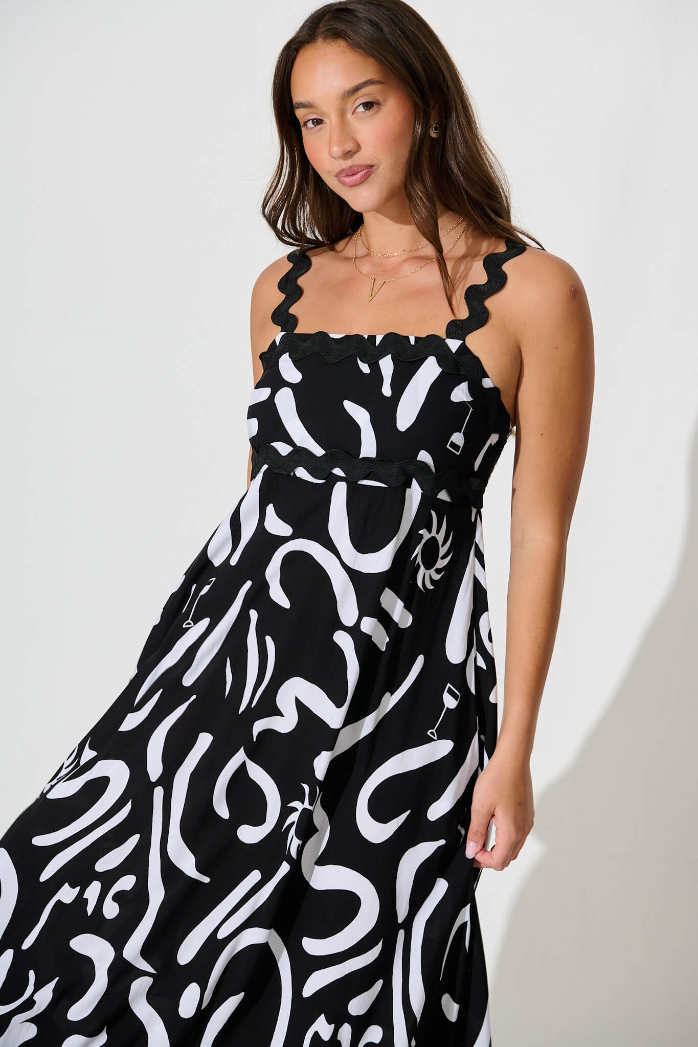 Aquila Maxi Sundress In Black Print With Black Ric Rac Trim